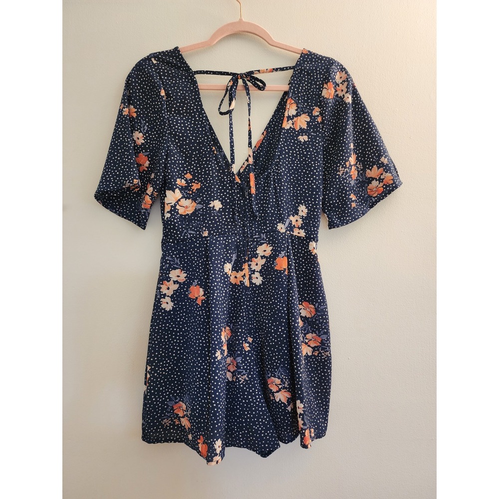 Trixxi Navy Blue Polka Dot Floral Romper Short Sleeve Tie Back Size S 12W6235PVD - Picture 2 of 5